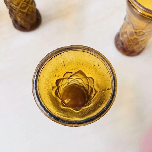 MCM Amber Glass Decanter Set w/6 Cordial Glasses Diamond Pattern Barware Taiwan - Picture 13 of 14